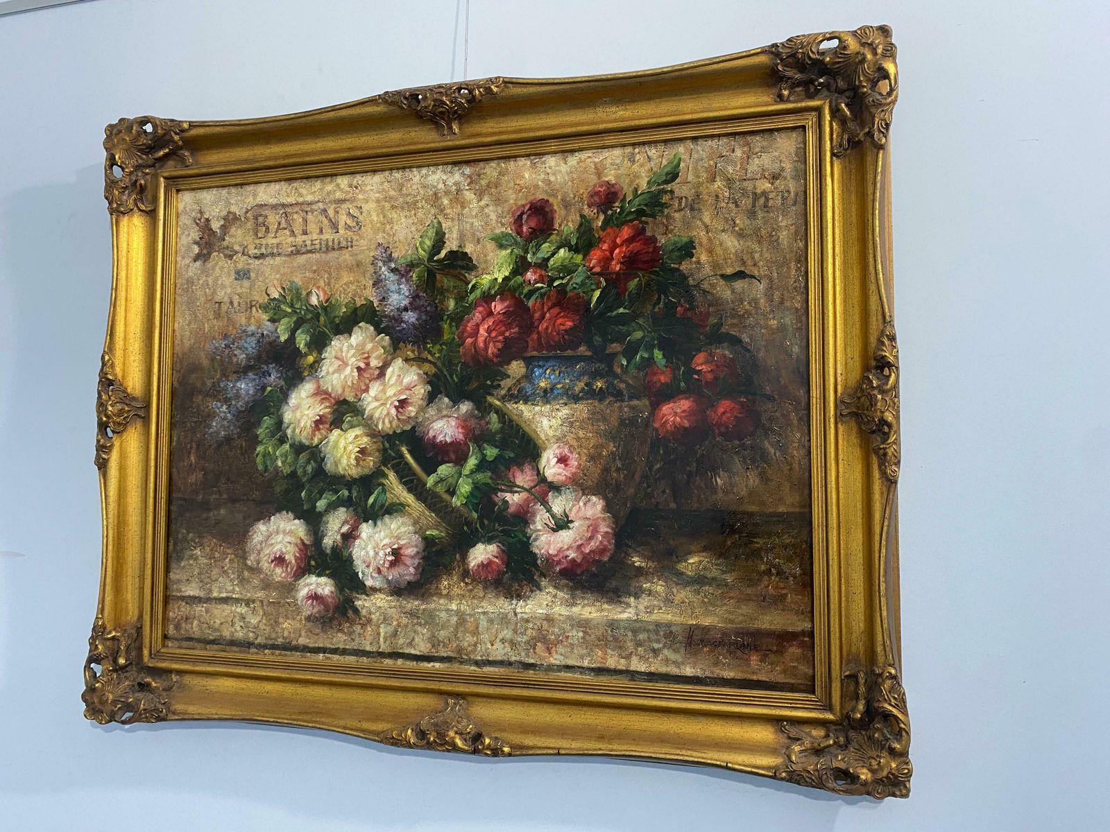 Antique Oil Painting "Vase With Flowers" Signed , France, 1930s photo furniture
