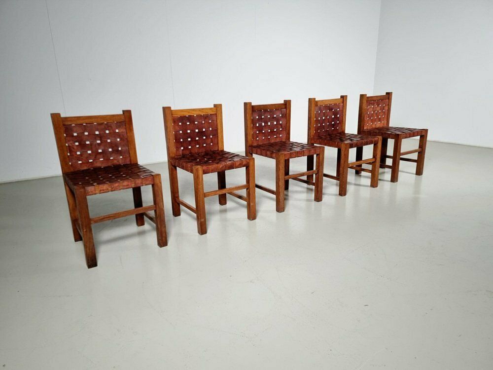 Oak Brutalist Dining Chairs, Belgium, 1970s, Set Of 5 photo furniture