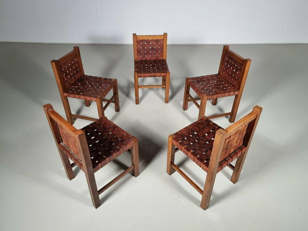 Oak Brutalist Dining Chairs, Belgium, 1970s, Set Of 5 photo Furniture