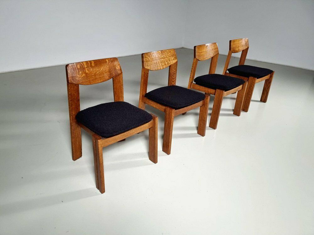 Brutalist Oak Dining Chairs, The Netherlands, 1970s, Set Of 4