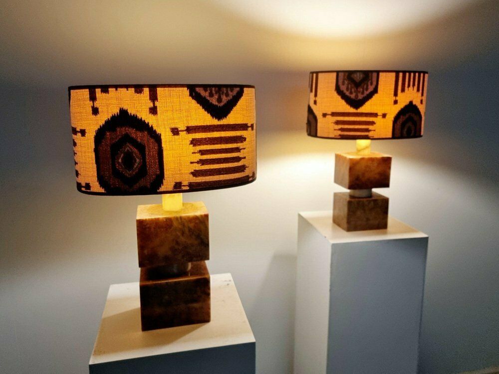 Mid Century Italian Red And Cream Marble Table Lamps, 1960s, Set Of 2 photo for sale