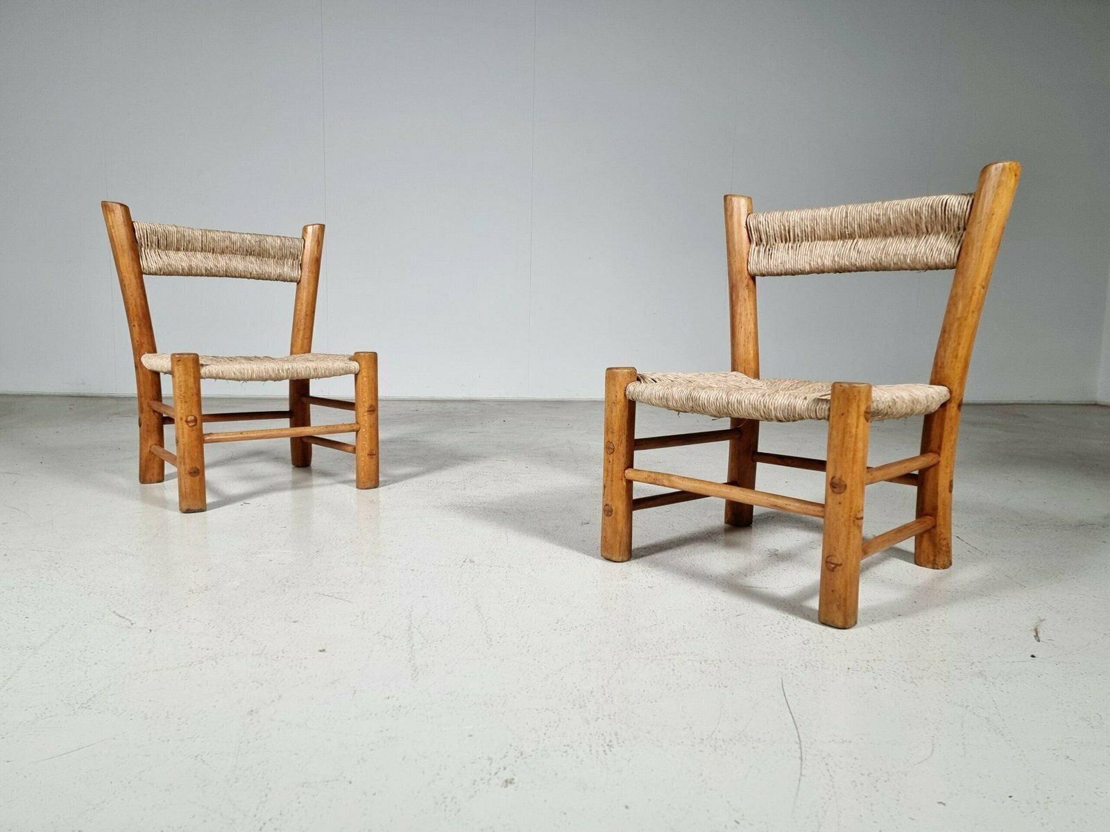 French Rustic Chairs In Elm Wood & Straw By Charlotte Perriand, 1960s, Set Of 2 photo Furniture