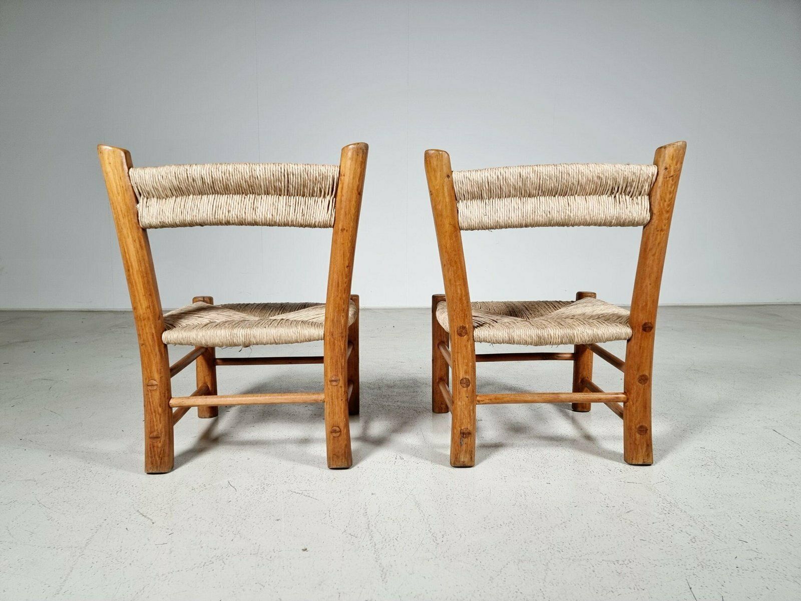 French Rustic Chairs In Elm Wood & Straw By Charlotte Perriand, 1960s, Set Of 2 photo 5372.0