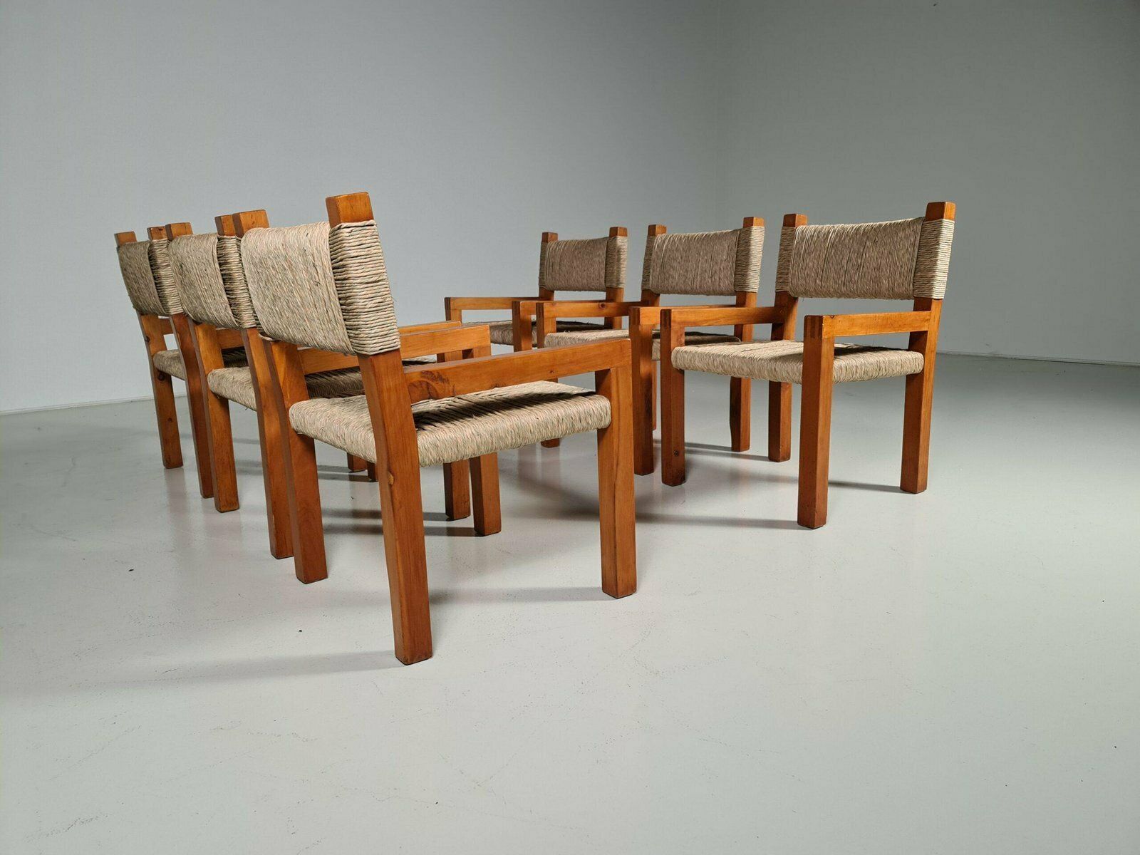 Brutalist Pine Wood Dining Chairs, France, 1960s, Set Of 6 photo for sale