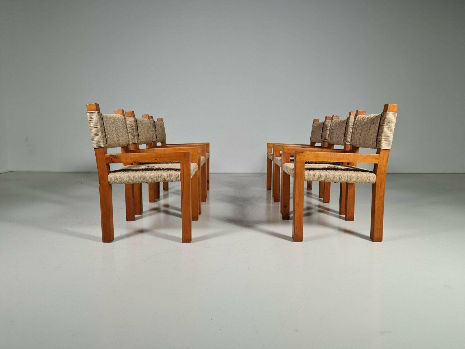 Brutalist Pine Wood Dining Chairs, France, 1960s, Set Of 6 photo Furniture