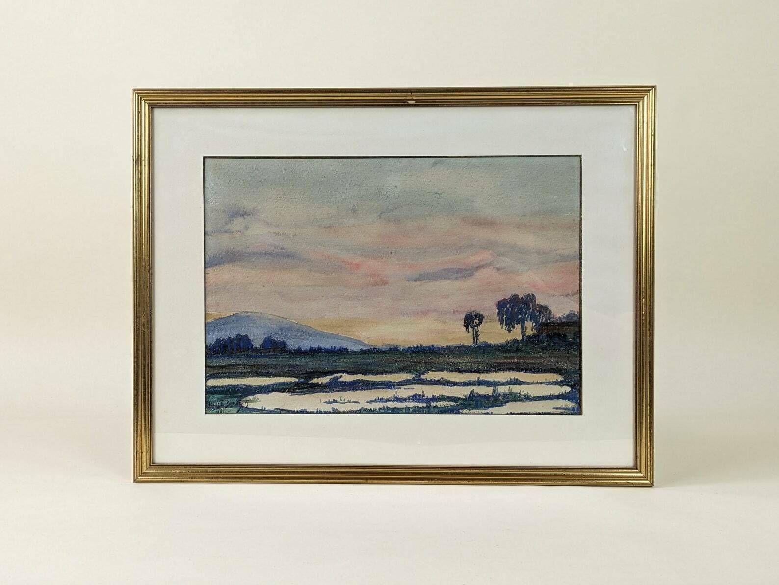 Antique French Landscape Watercolor Painting Signed By Artist Louis E Beney 1915
