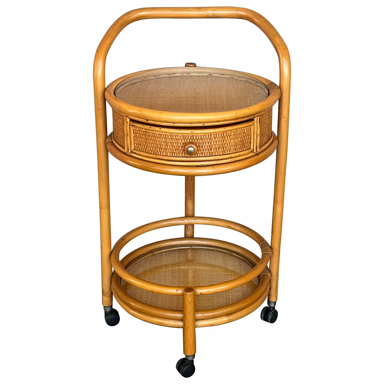 Desserte bar ronde mid-century en bambou et rotin, Italie, années 1960
