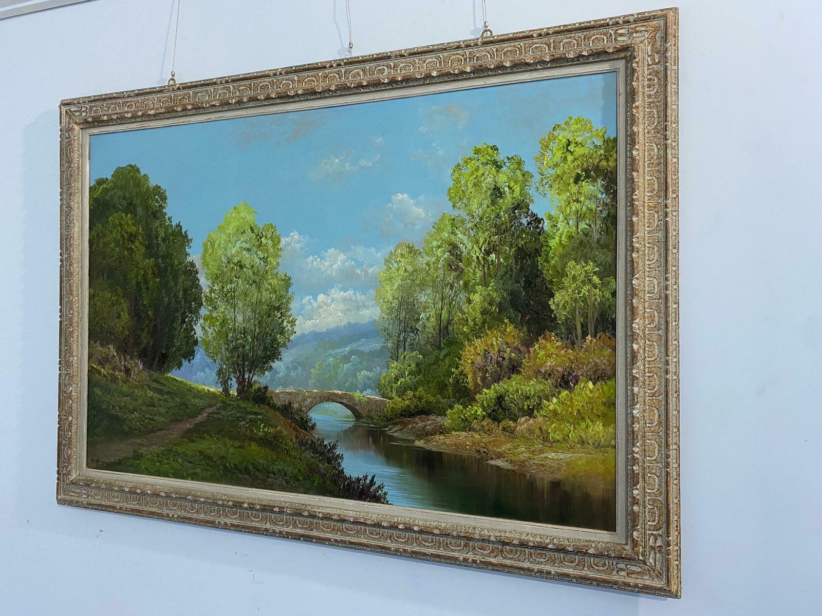Oil Painting "Landscape With Bridge" Signed, France 1960 photo Art