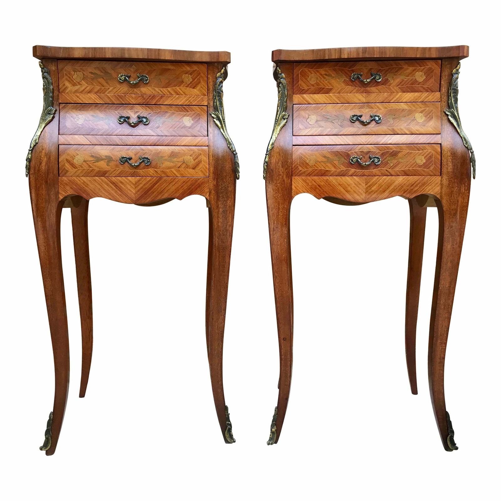 French Classic Louis Vx Style Marquetry Nightstands With Three Drawers, 1920s, S