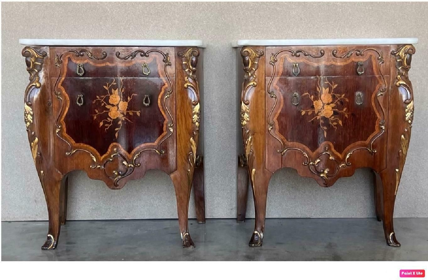 French Louis XV Marquetry Marble Top Nightstand Or Side Tables photo furniture