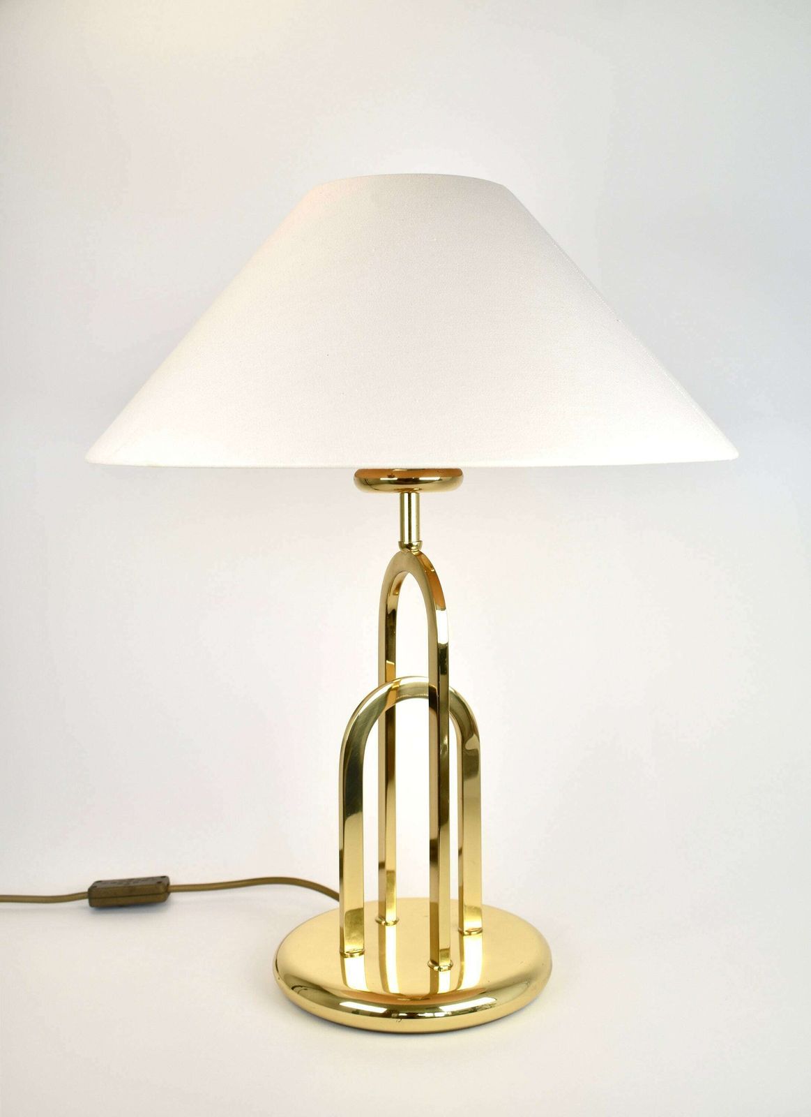 Rare Vintage Brass Statement Table Lamp | Hollywood Regency Accent Light | Mid Century Modern | Postmodern Gold White 1970s 1980s Eighties photo furniture