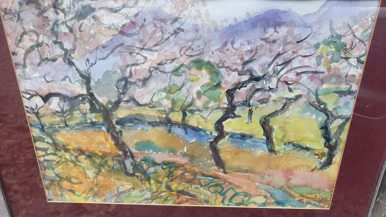 Vintage Abstract Original Watercolour Outback Trees And Creek Mavis Wilson Australia. photo vinterior