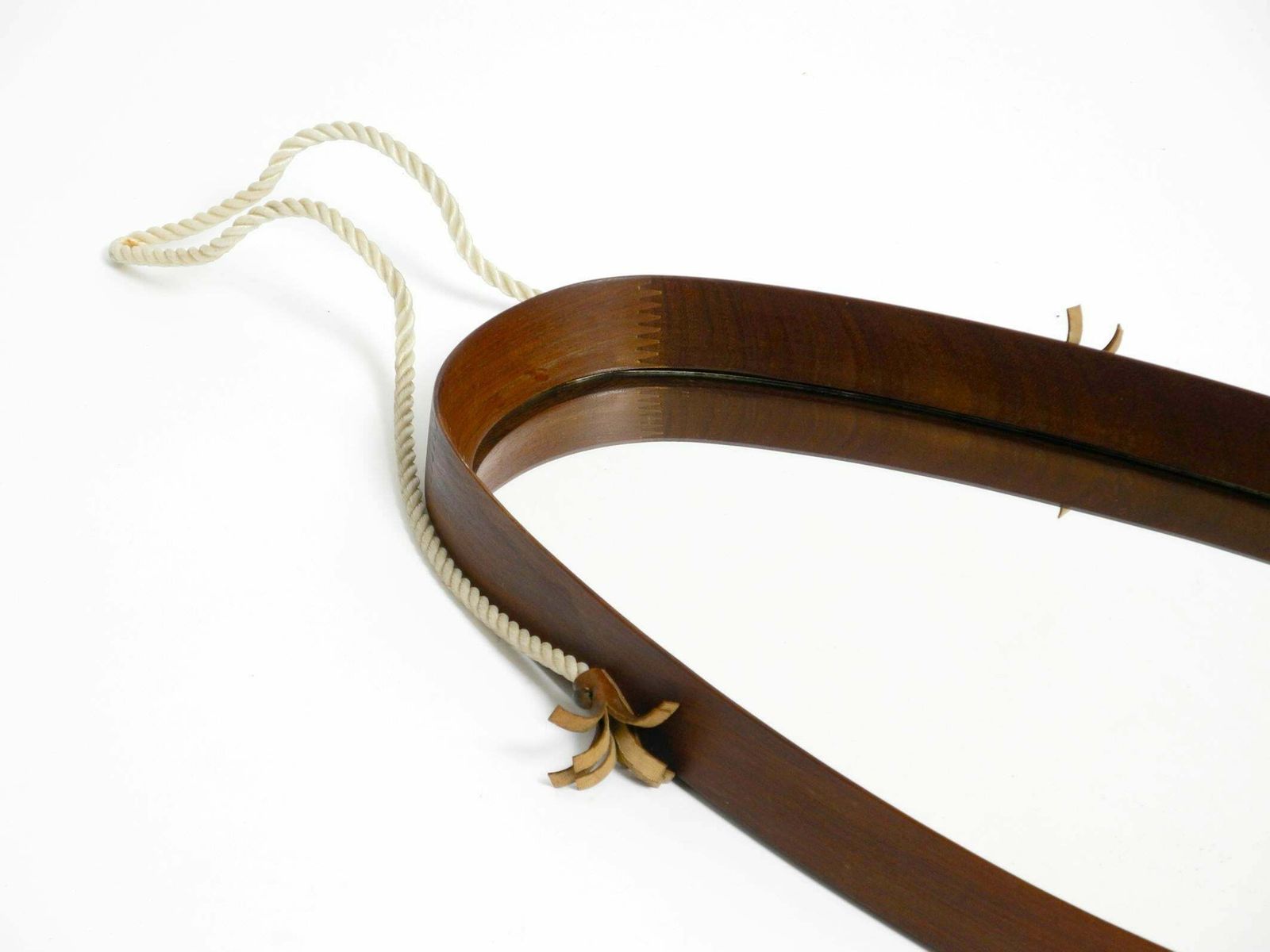 photo vinterior 1960s Oval Large Teak Wall Mirror With Thick Nylon Rope Made In Italy