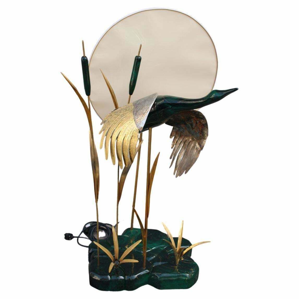 Duck Floor Lamp In Flight In Its Lake Malachite Brass Design Italian 1970s