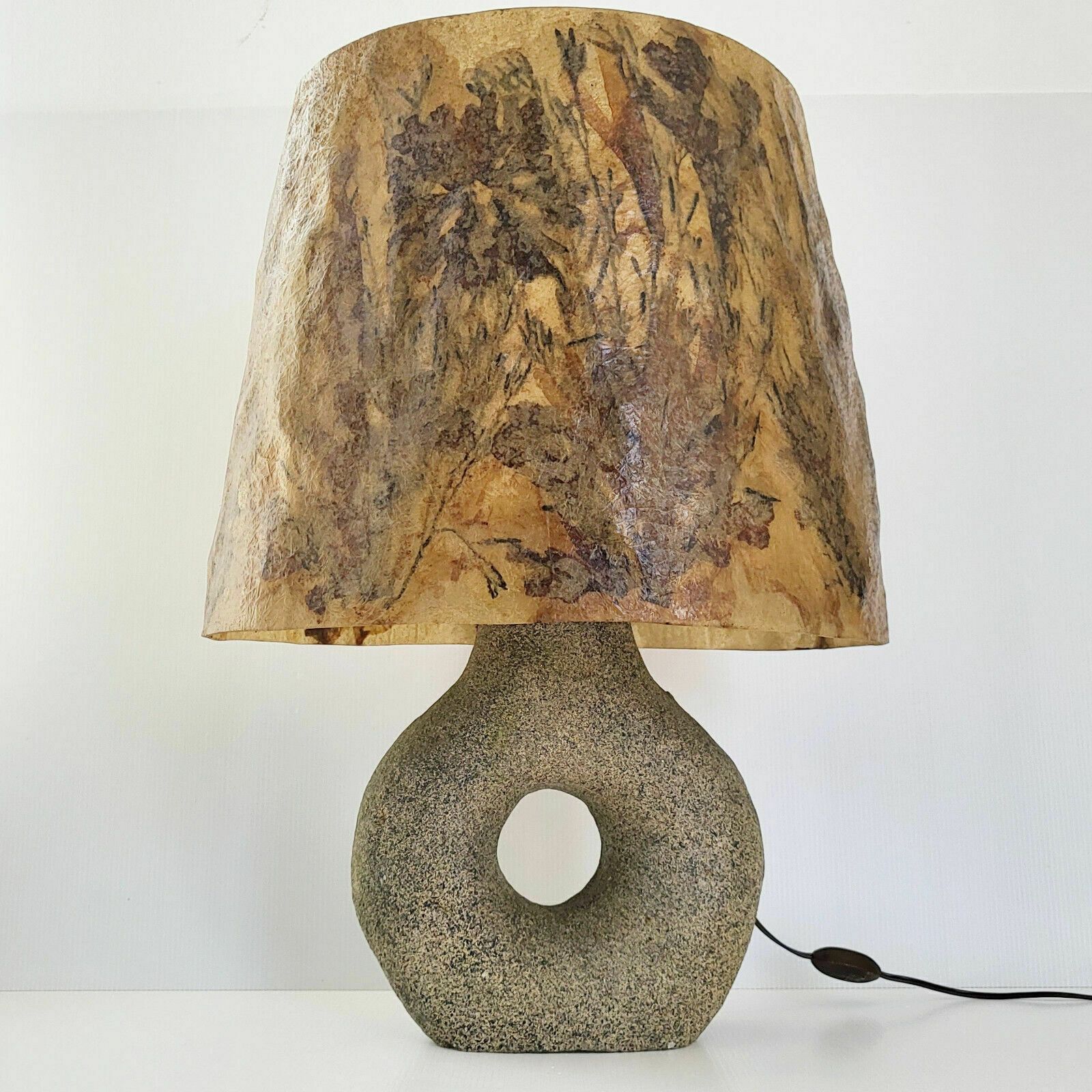 Important Vintage 1970 Granite Stone Lamp & 70s Resin Herbier Lampshade