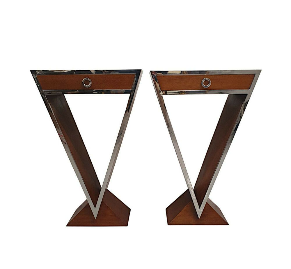 A Stunning Pair Of Cherrywood And Chrome Side Tables In The Art Deco Style