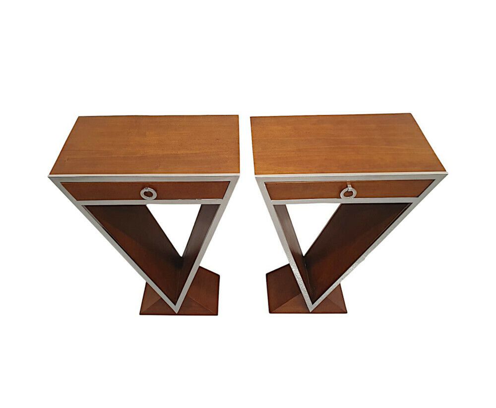 A Stunning Pair Of Cherrywood And Chrome Side Tables In The Art Deco Style photo for sale