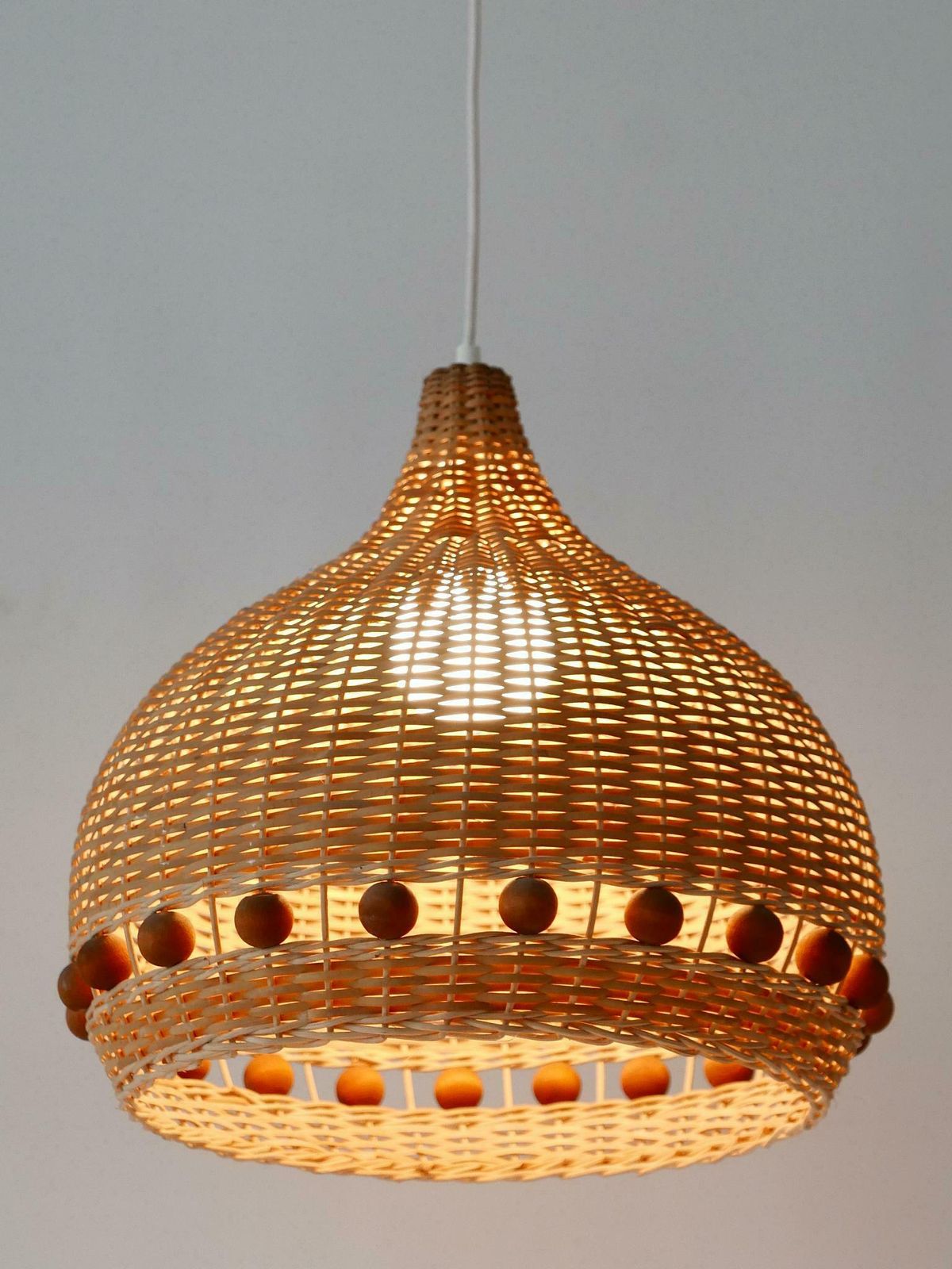 photo for sale Mid Century Modern Rattan Tulip Pendant Lamps Or Hanging Lights Germany 1960s