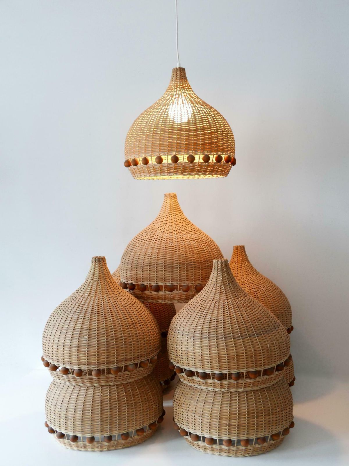 photo vintage Mid Century Modern Rattan Tulip Pendant Lamps Or Hanging Lights Germany 1960s