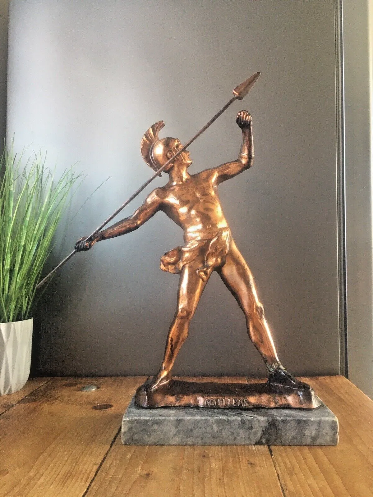 Large Pair Of Grecian Marble Copper Mantel Sculptures Achilles Leonidas Metamee photo for sale