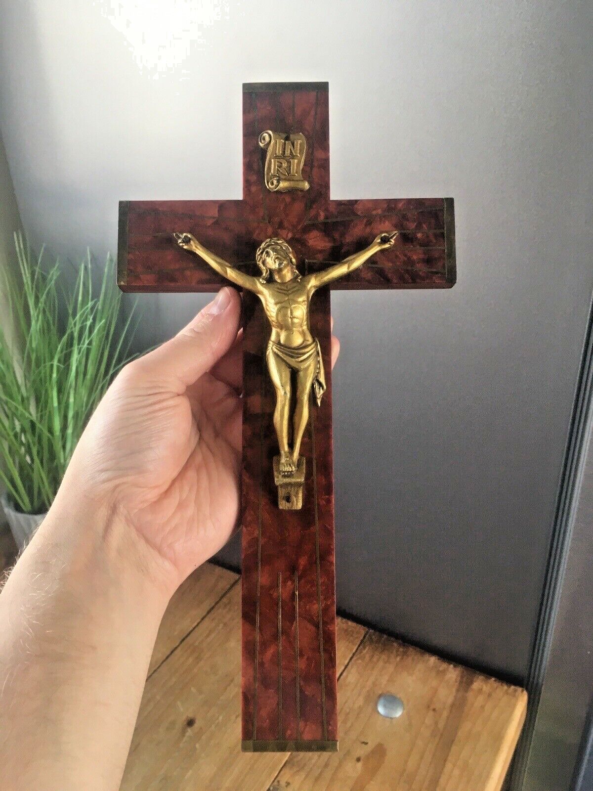 Antique French Art Deco Bakelite Brass Wall Hanging Crucifix Church Cross Jesus photo for sale