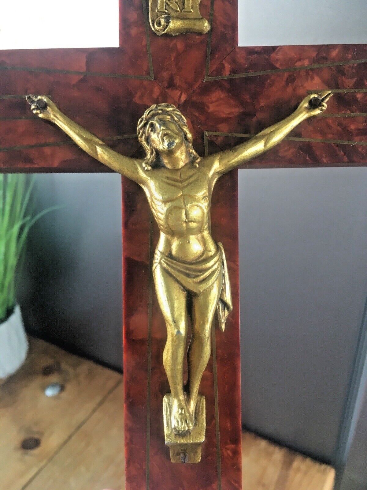 Antique French Art Deco Bakelite Brass Wall Hanging Crucifix Church Cross Jesus photo Art