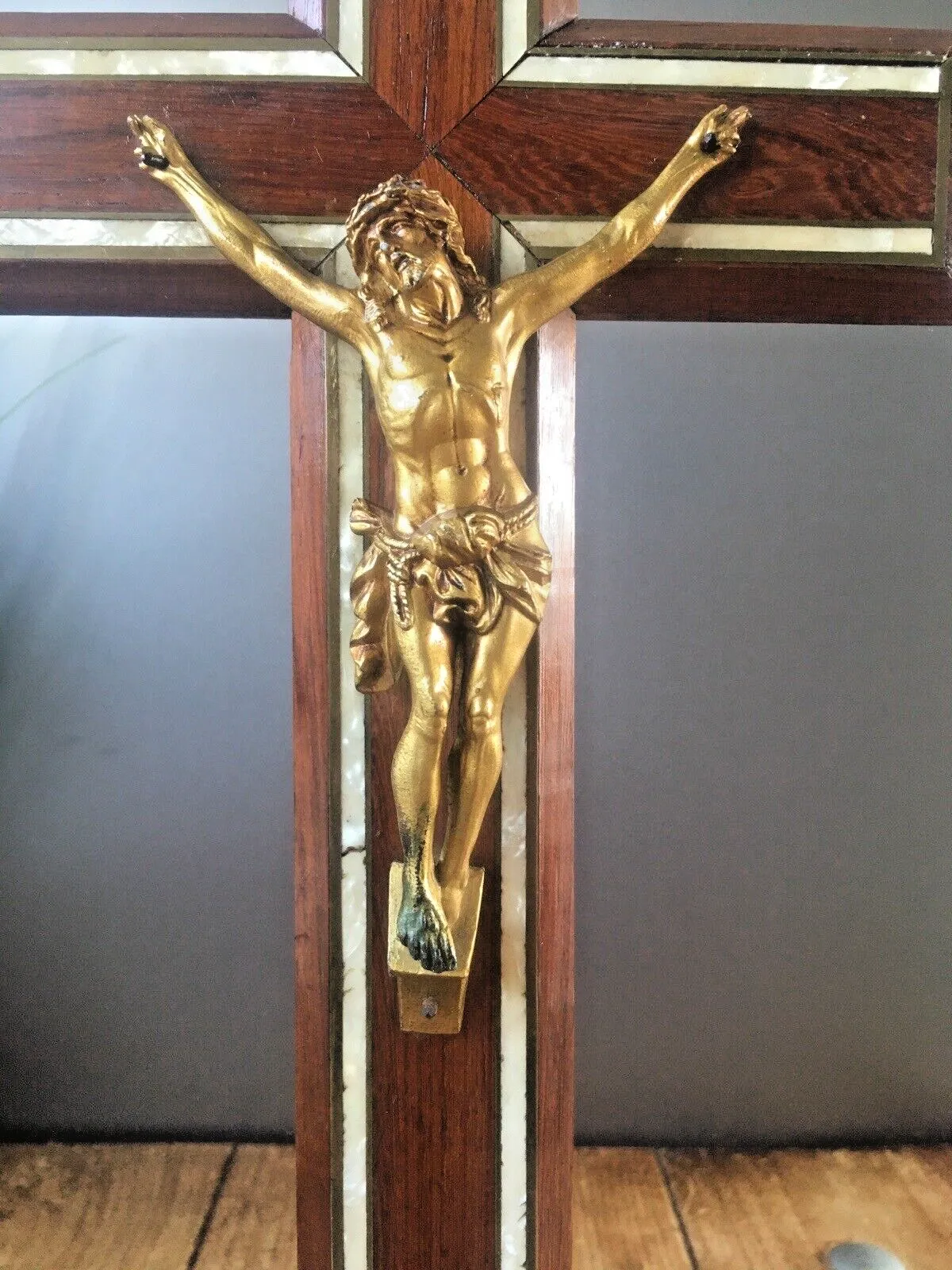 Large Antique Art Deco Wood & Mother Of Pearl Altar Crucifix Church Cross Jesus photo Home Decor