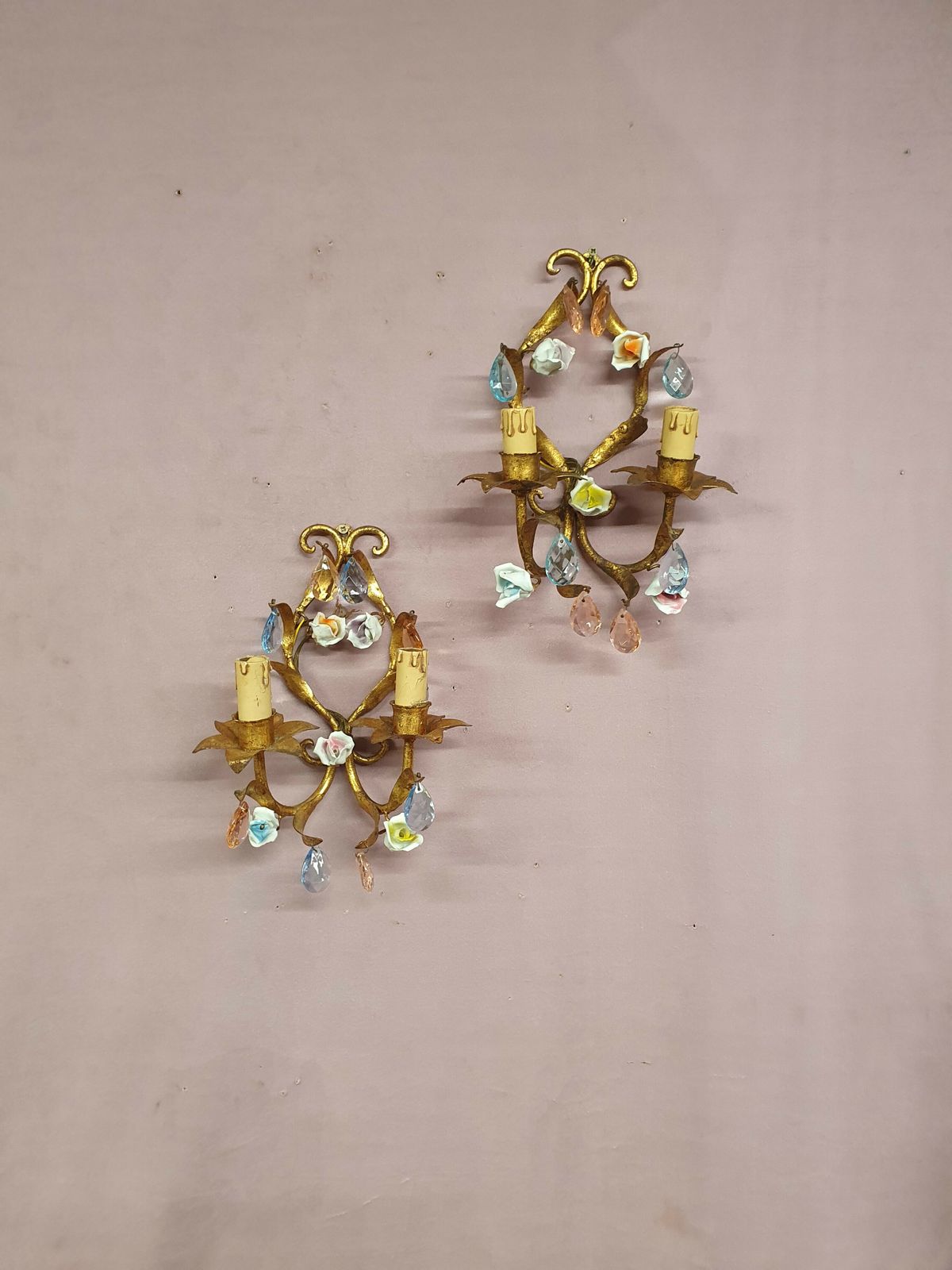 Lighting French Gilt Chandeliers And Wall Lights With Porcelain Flowers photo