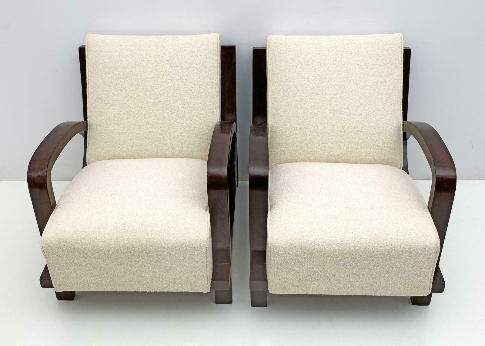 Pair Of Art Dèco Italian Bouclè And Walnut Chaise Longues, 1930s photo for sale