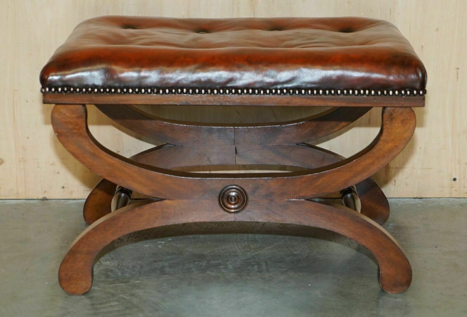 Pair Of Antique Regency Brown Leather Chesterfield Baron X Framed Footstools photo Furniture