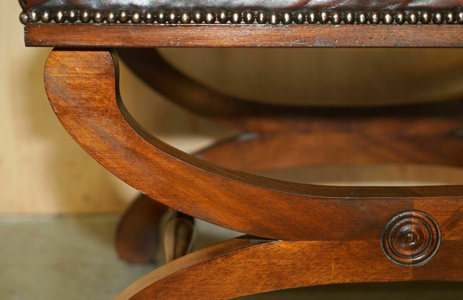 photo for sale Pair Of Antique Regency Brown Leather Chesterfield Baron X Framed Footstools