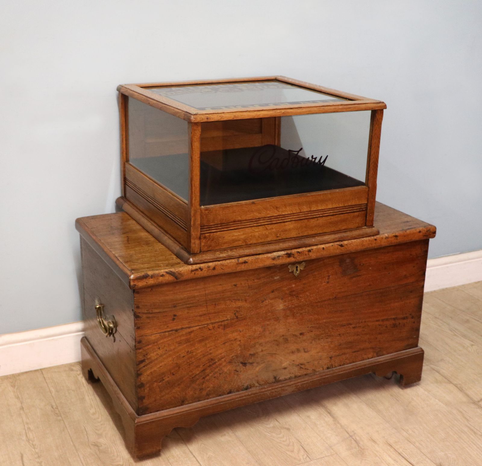A Lovely Early 20th Century Oak Countertop Display Cabinet, Later Sign Written For Cadburys Chocolate. photo vintage