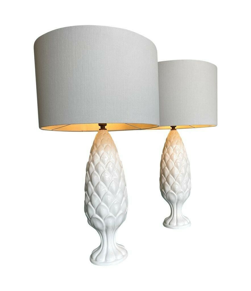 A Pair Of Large Italian 1970s Ceramic Pineapple Lamps With New Bespoke Shades photo vinterior