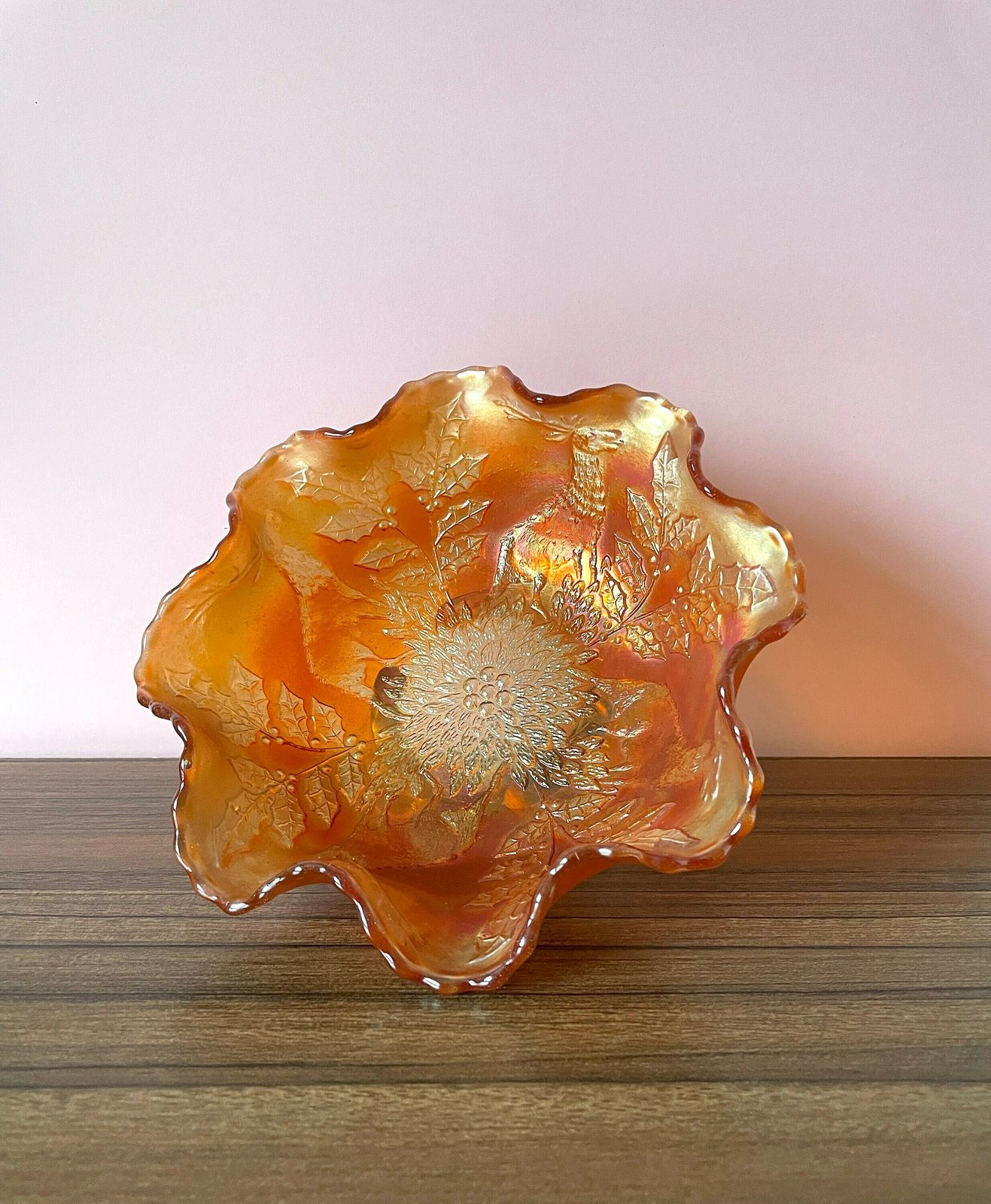 Fenton Carnival Glass Stag & Holly Vintage Bowl On 3 Feet, Deer And Holly Design Antique Marigold Glass Footed Dish, Collectable 20s Decor photo for sale