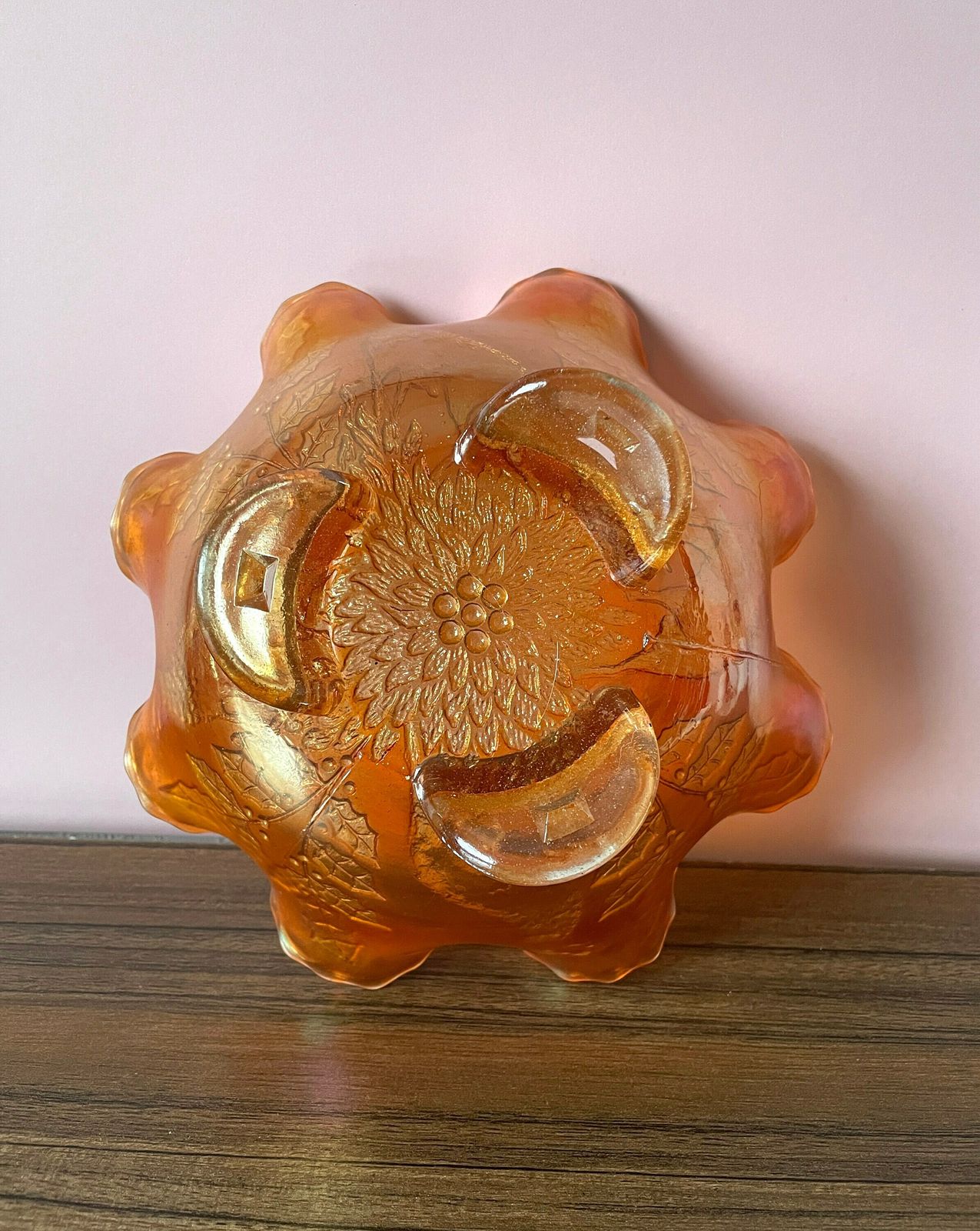 Fenton Carnival Glass Stag & Holly Vintage Bowl On 3 Feet, Deer And Holly Design Antique Marigold Glass Footed Dish, Collectable 20s Decor photo vinterior