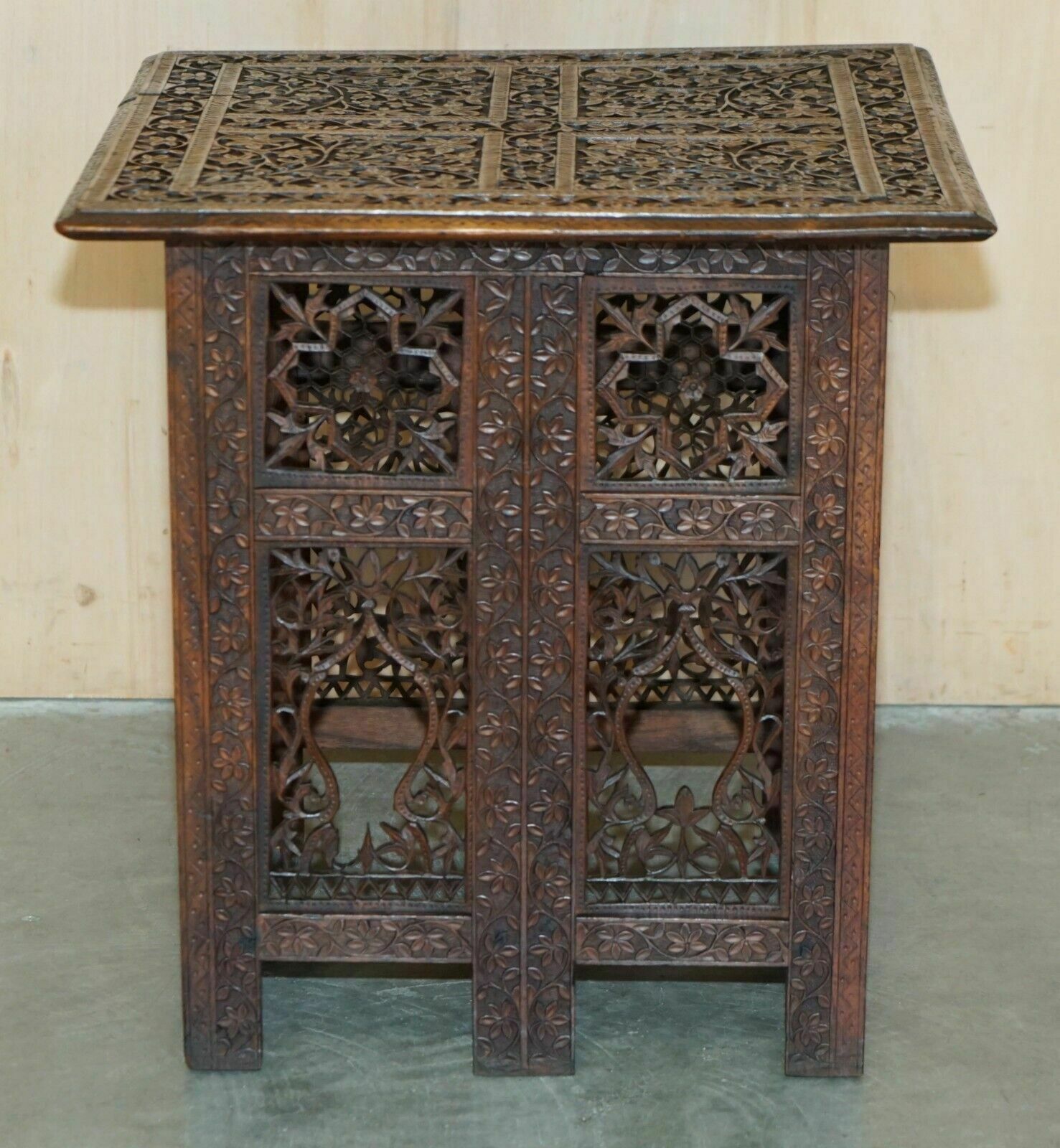 Ornately Hand Carved Anglo Indian Burmese Side Coffee Lamp Wine Folding Table photo for sale