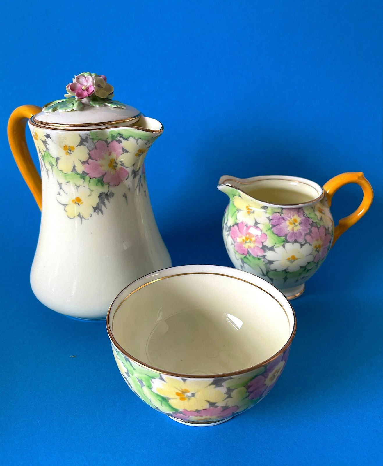 Crown Staffordshire Primrose Tea Set, Vintage Fine China Yellow/Pink Floral 9 Piece Tea For Two Set, Teapot/Teacup/Saucer/Jug/Sugar Bowl photo for sale