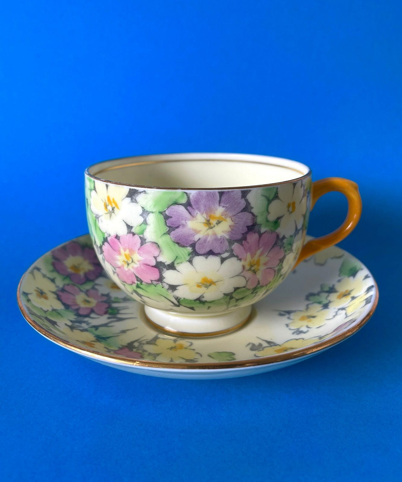 Crown Staffordshire Primrose Tea Set, Vintage Fine China Yellow/Pink Floral 9 Piece Tea For Two Set, Teapot/Teacup/Saucer/Jug/Sugar Bowl photo Home Decor