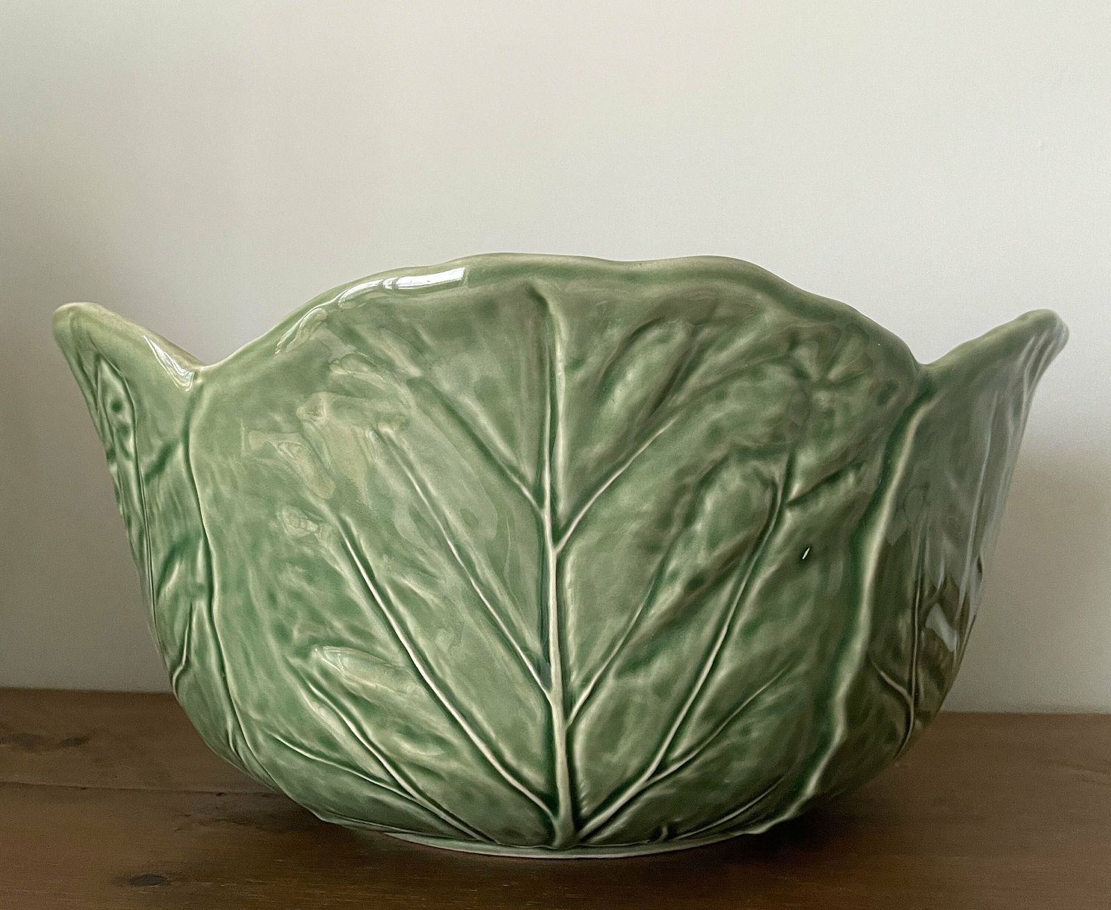 Vintage Bordallo Pinheiro Cabbage Leaf Bowl, Large Portuguese Majolica Ceramic Salad Serving Bowl, Retro Kitchen Tableware Made In Portugal photo for sale