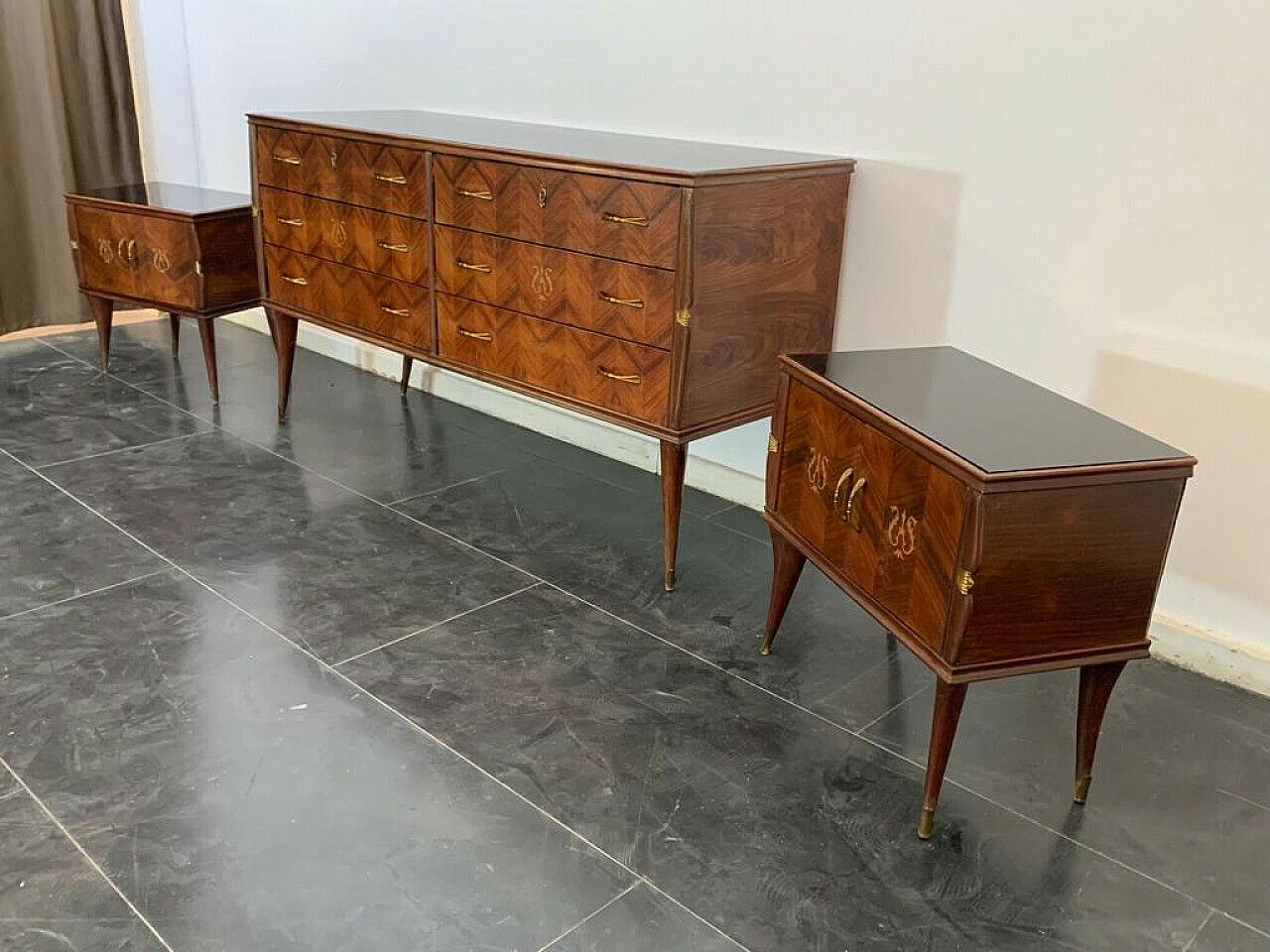 photo vintage Pair Of Rosewood And Brass Bedside Tables, 1950s