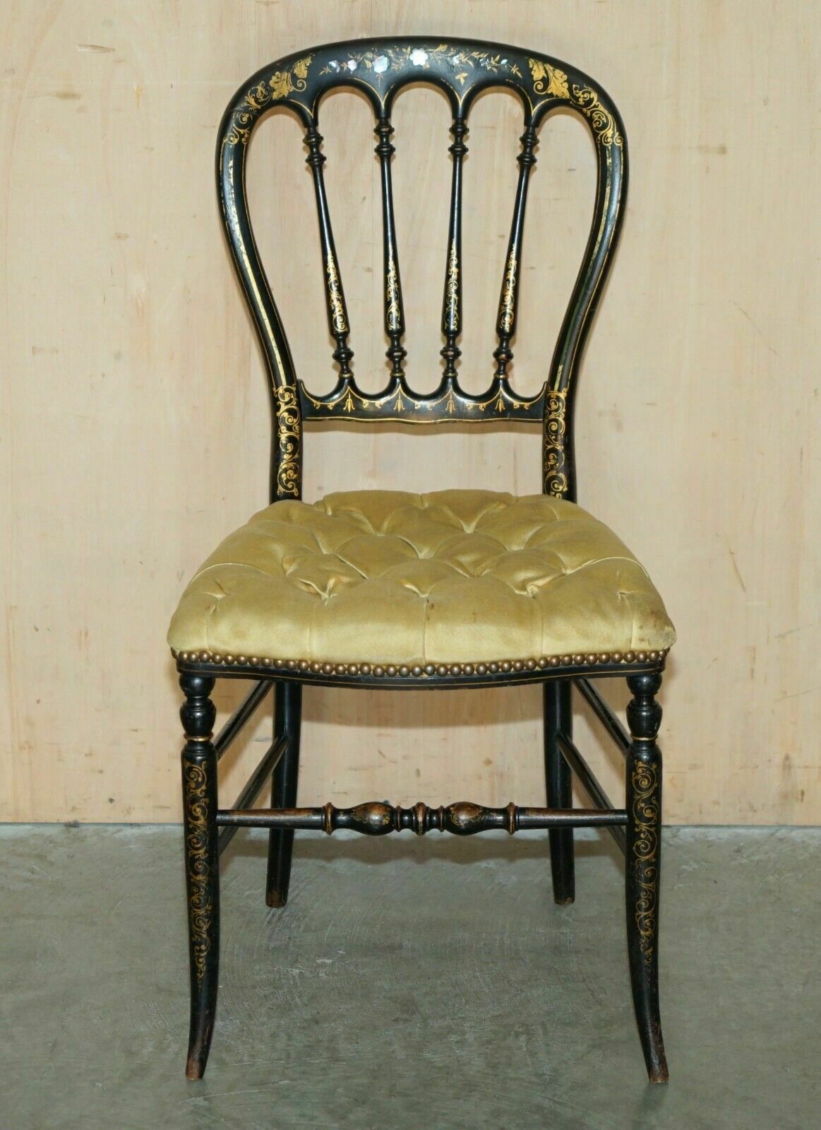 Antique Regency 1815 Ebonised Mother Of Pearl Silk Chesterfield Seat Side Chair photo for sale