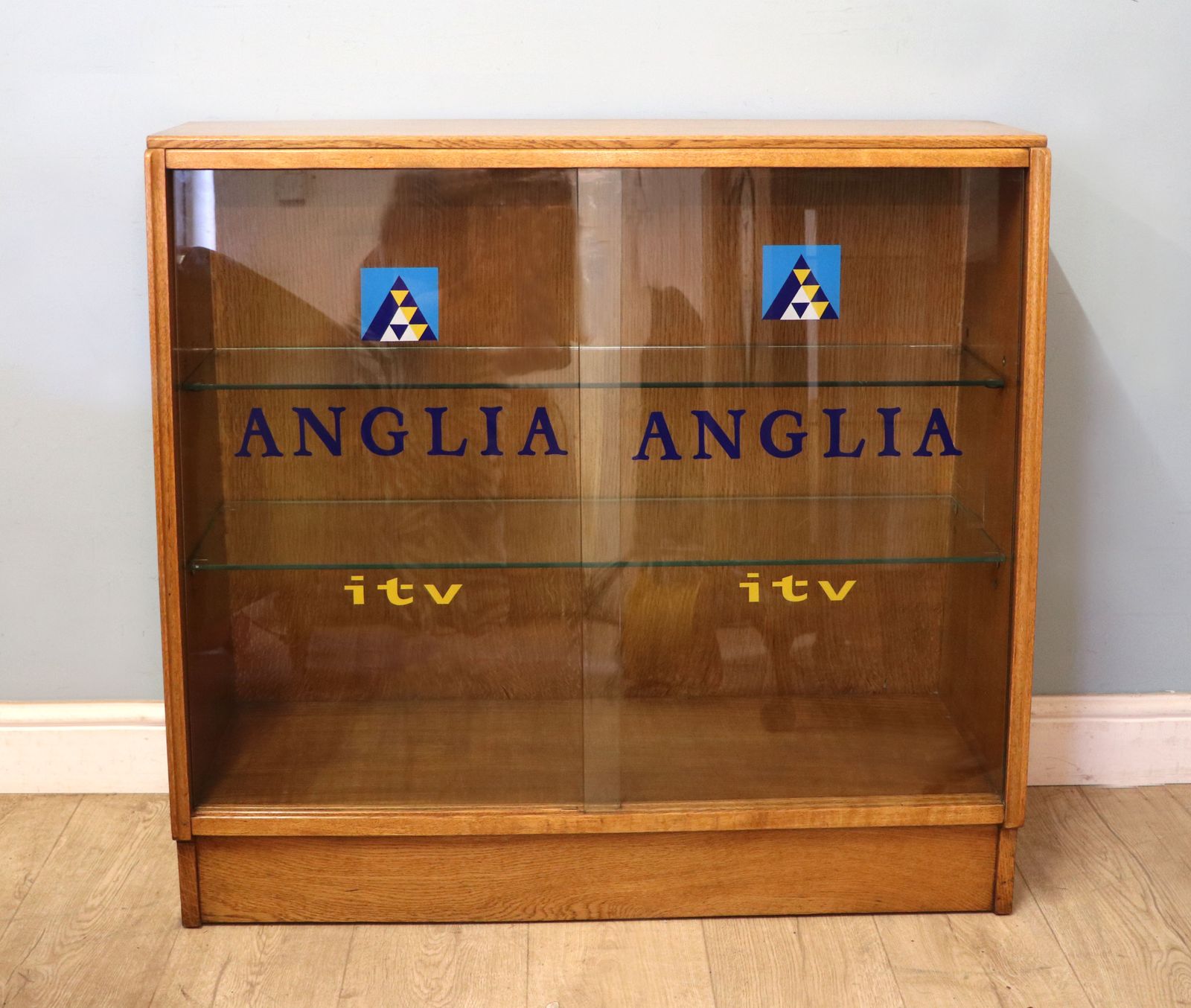 This Lovely Quality Mid Century Retro Display Cabinet Later Sign Written For Anglia Television.