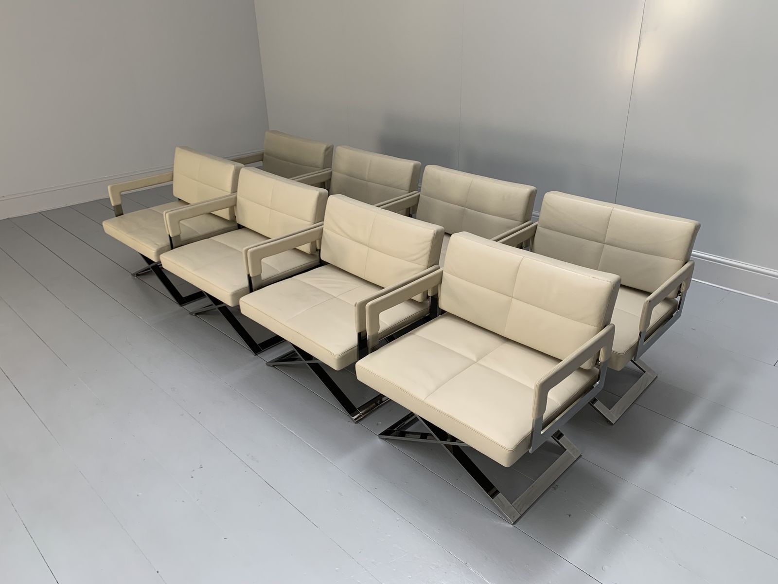 Suite Of 8 Poltrona Frau “Aster X” Dining Armchairs – In Ivory “Pelle Frau” Leather photo for sale