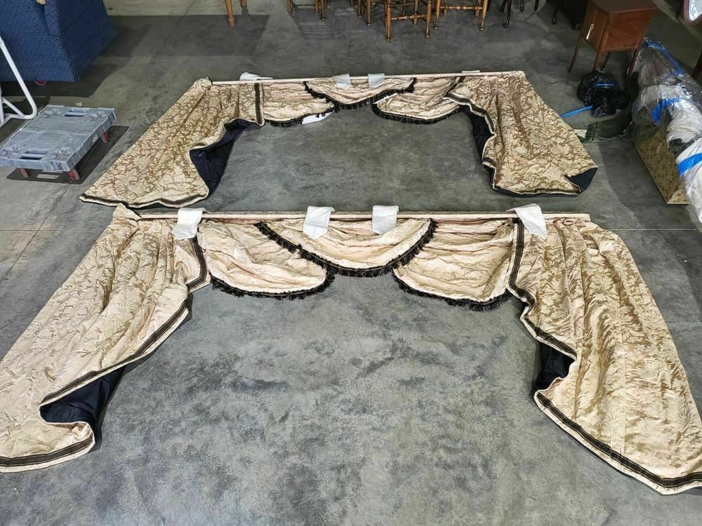 Curtains Large Pelmet Swags Gold Cream Fabric 283cm W X187 Drop 9'3" Wide Lined photo vintage