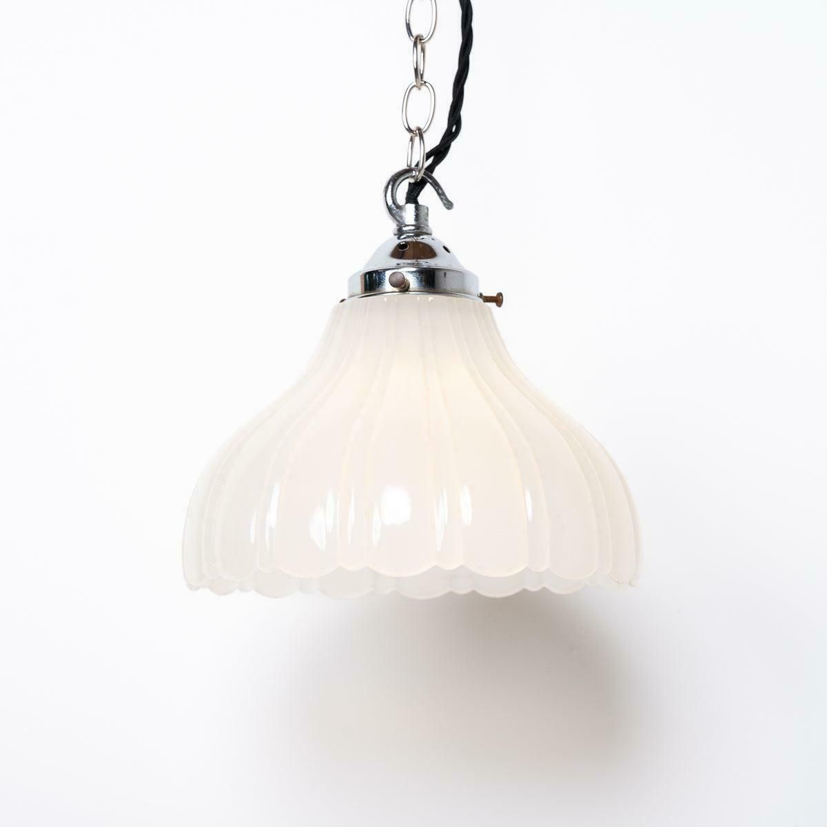 Pair Of Antique Moonstone Glass Pendant Lights With Chrome Fittings photo for sale