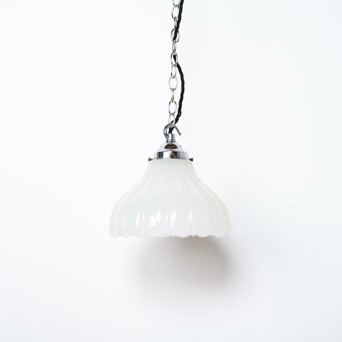 490.0 Pair Of Antique Moonstone Glass Pendant Lights With Chrome Fittings photo