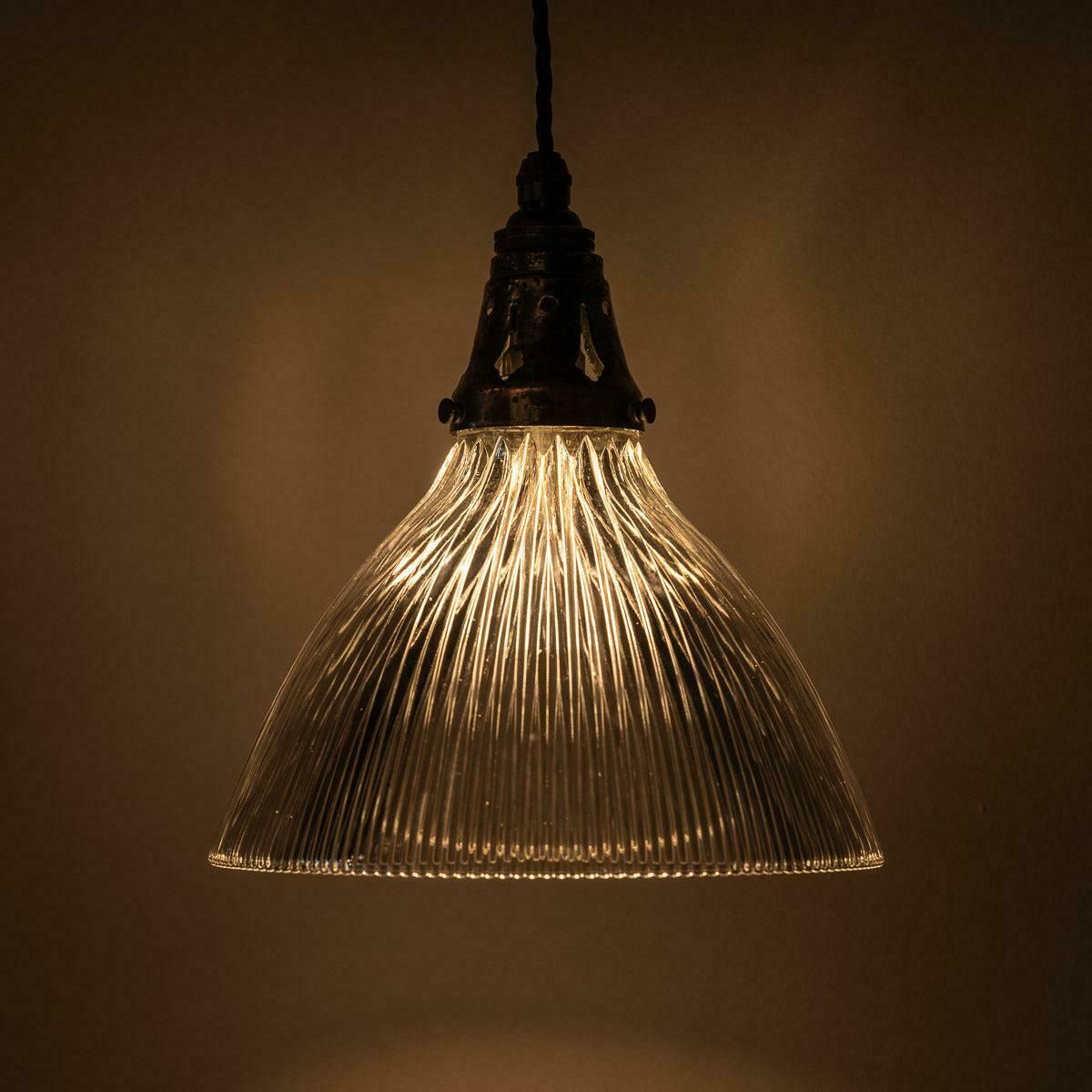 245.0 Antique Holophane Pendant Lights With Original Brass Fittings photo