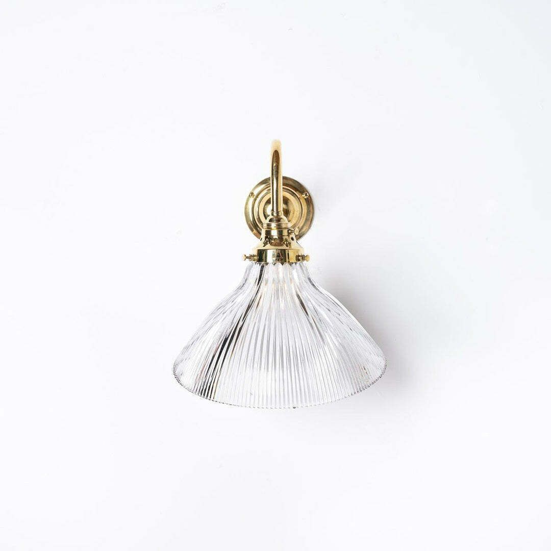 Antique Holophane Angled Prismatic Glass Wall Lights On Polished Brass Brackets photo furniture