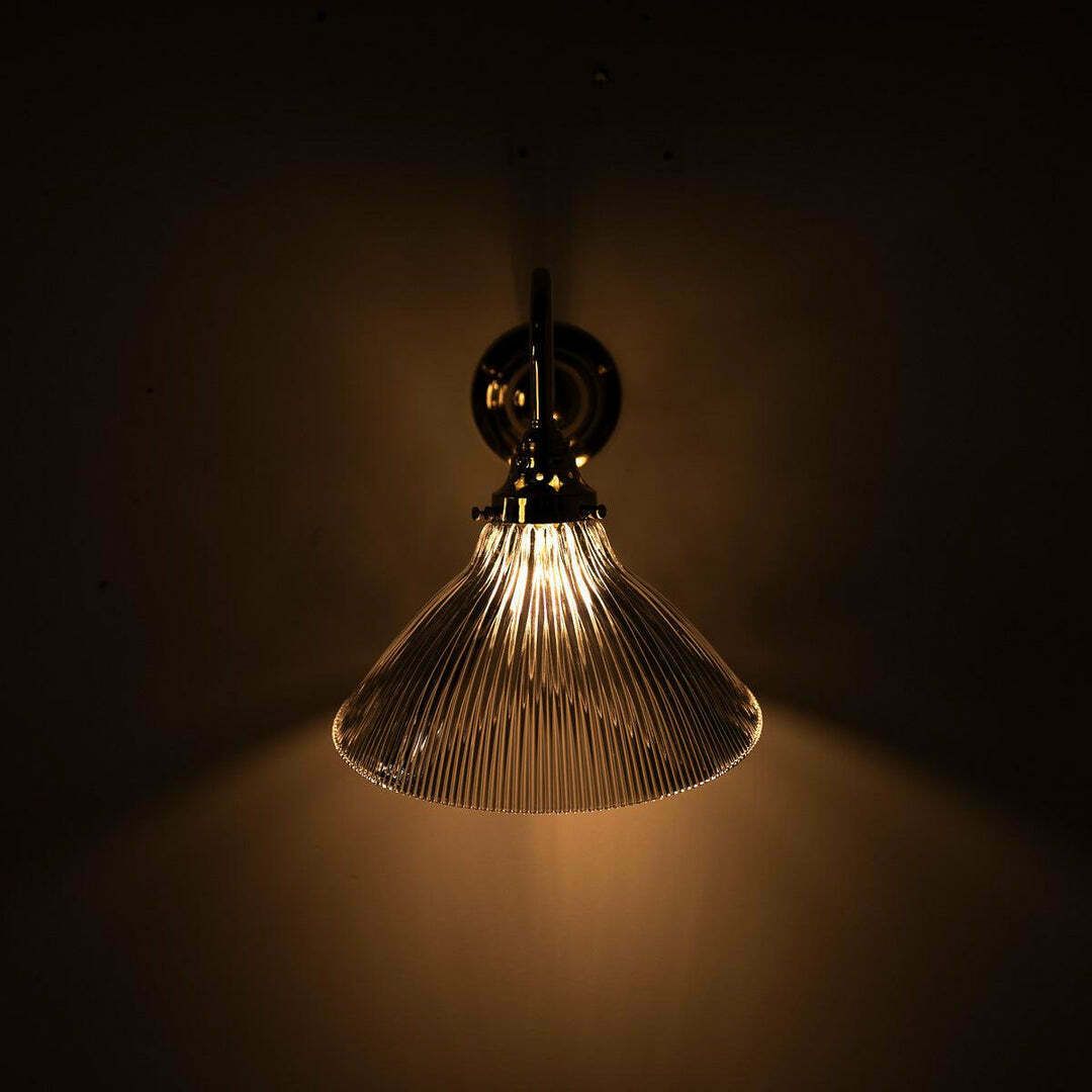 Antique Holophane Angled Prismatic Glass Wall Lights On Polished Brass Brackets photo for sale