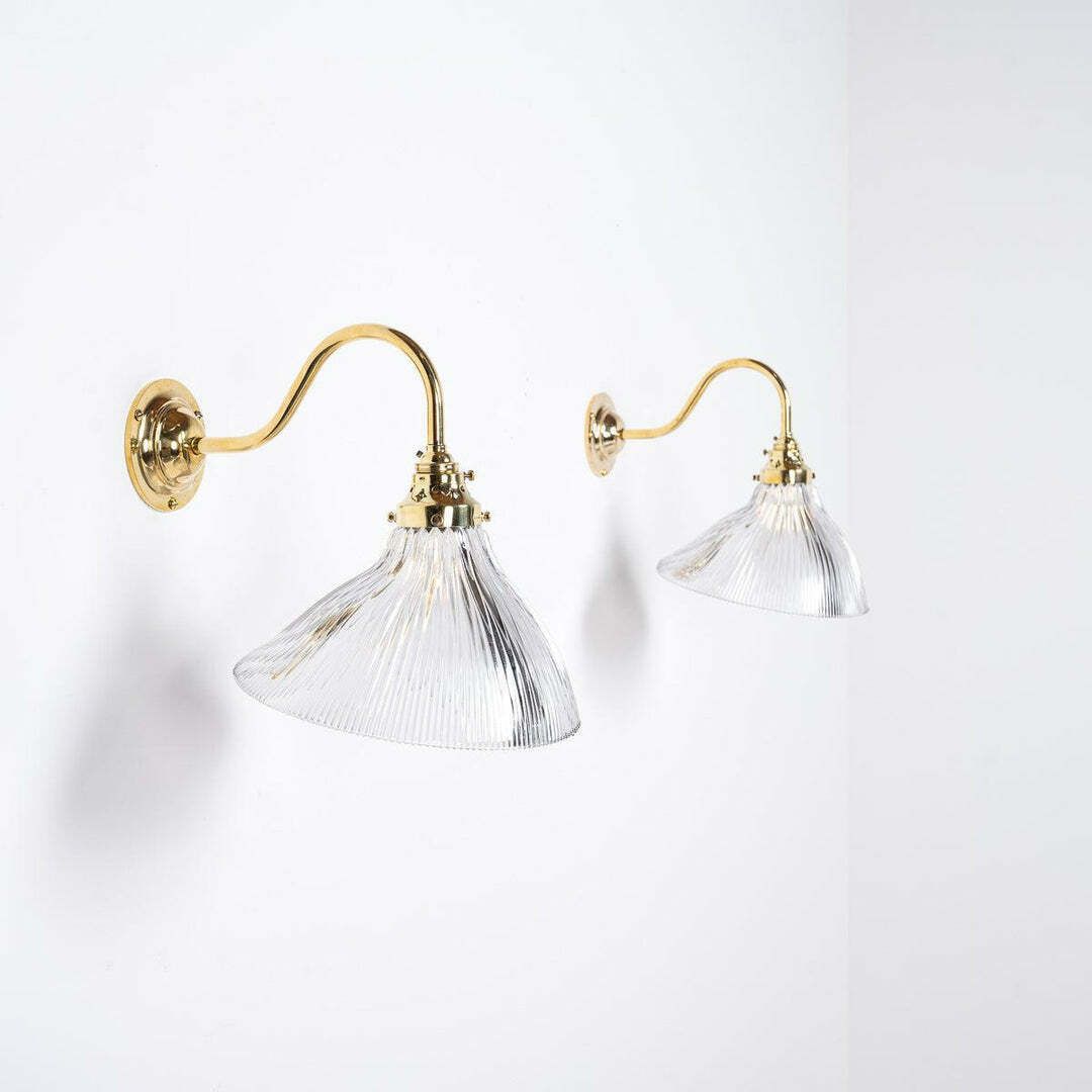 Antique Holophane Angled Prismatic Glass Wall Lights On Polished Brass Brackets photo Lighting